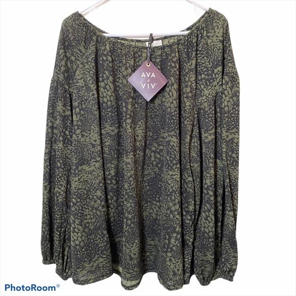 AVA & VIV LONG SLEEVE Abstract Print Fall Olive Green X NWT 14 - Picture 1 of 5